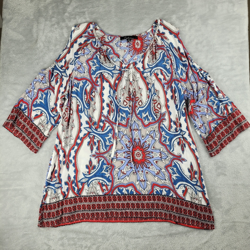 Calessa Women's Top Blouse Cold Shoulder Boho Rayon Size XL